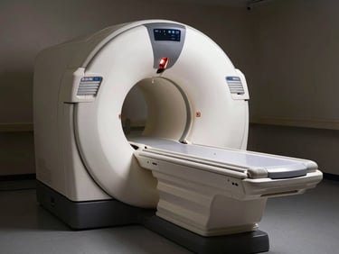 Medical imaging device—MRI or CT scanner—photographed in a darkened clinical suite, studio strobe highlighting the machine's curved white chassis, deep shadows behind