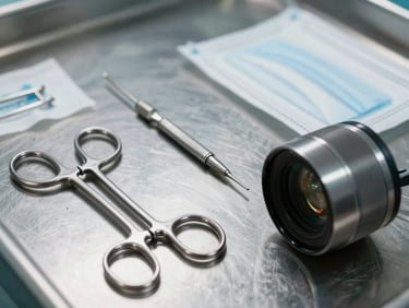 Close-up of surgical instruments and sterile medical device packaging on a clinical-grade steel surface, studio strobe, sharp detail on stainless steel, deep shadow surround