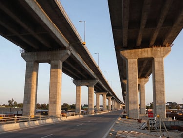 Wide environmental shot of a road and bridge infrastructure project under construction, golden hour light across concrete pylons and steel beams, no workers, architectural scale
