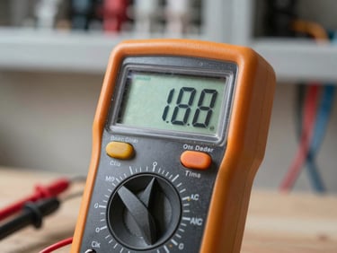 Close-up of a digital multimeter measuring voltage in a residential electrical installation, sharp focus, technical utility style