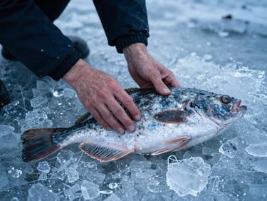 Hands of an inspector checking gill color of a freshly landed wild turbot on crushed ice, cool high-contrast natural light, deep blue tones.