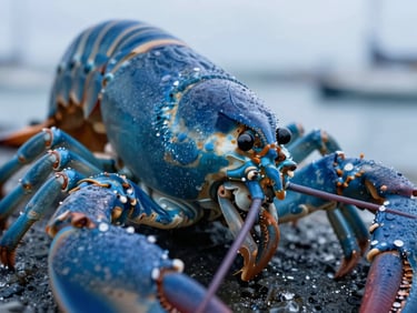Close-up of a live blue lobster, glistening shell, cool light, focus on intricate details, deep blues and icy silver tones.