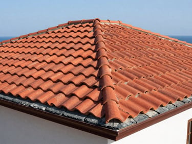 High-angle architectural photo of perfectly aligned red terracotta roof tiles on a Sığacık villa, bright Aegean daylight, crisp shadows, professional roofing craftsmanship