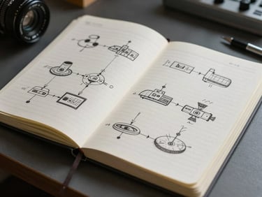 Wide shot of an open engineering notebook flat on a table, hand-drawn subsystem diagrams visible on ruled pages, pencil marks and annotations throughout