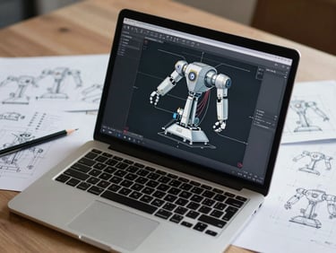 Overhead shot of a laptop screen displaying robot CAD assembly model, printed dimension sketches spread beside it on a desk, mechanical pencil resting on the notes