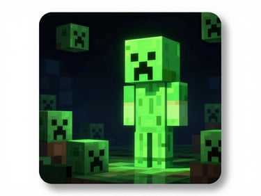 Dark atmospheric digital art of Minecraft, glowing green creeper, neon accents, cubic landscape, 8k resolution