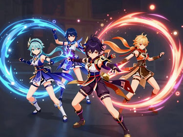 Vibrant action gameplay screenshot of Genshin Impact, anime characters casting magic, colorful particles, high-contrast neon lighting, 8k resolution