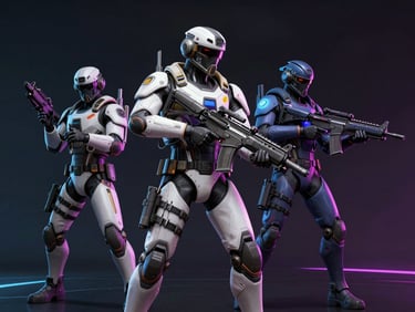 Vibrant digital art of a tactical mobile shooter game, futuristic soldiers, neon accents, dark background, sharp details