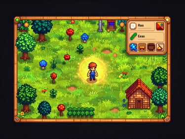 Cozy and vibrant digital game art of Stardew Valley, lush green fields, warm golden hour lighting, clean UI render, 8k resolution