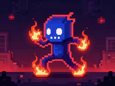 Vibrant digital game art of Dead Cells, dark pixel-art style with neon red and blue lighting, fiery action stance, sharp details, 8k resolution