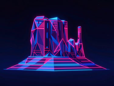 High contrast digital art of Monument Valley, beautiful geometric architecture, neon blue and pink lighting, optical illusion, 8k resolution