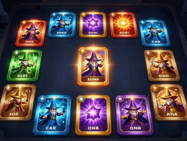 Colorful fantasy card battle mobile game, glowing magical cards, wizard character, high contrast, dark background