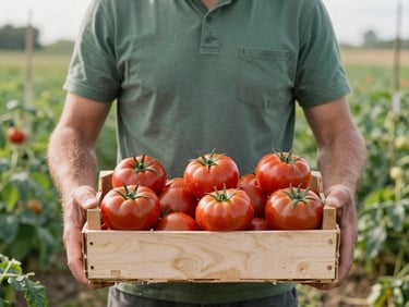 A farmer in a sunlit organic field holding a crate of freshly harvested heirloom tomatoes, soft overcast daylight, muted green tones.