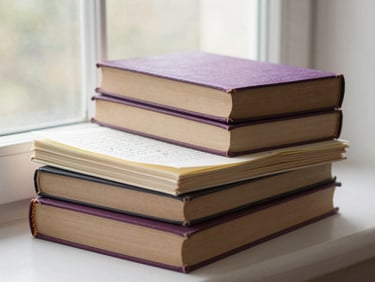 A stack of vintage books and handwritten research notes under soft window light
