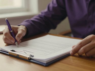 Close-up of hands reviewing a printed policy draft on a warm wooden desk, a purple ink pen resting on the margin, soft side-lit window light, 35mm