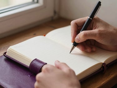 Close-up of hands writing in a leather-bound notebook, warm study environment, cozy tones