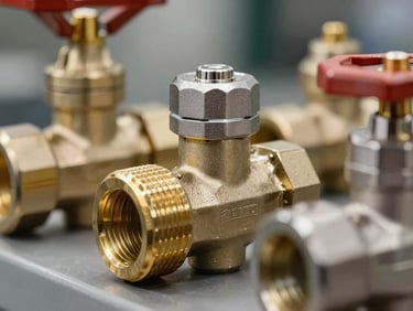 Extreme close-up of heavy threaded brass gate valves and stainless steel ball valves, cool metallic reflections and warm brass highlights