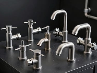 Commercial-grade stainless steel basin mixers and heavy-duty shower fixtures arranged neatly on a dark technical surface, high-contrast lighting