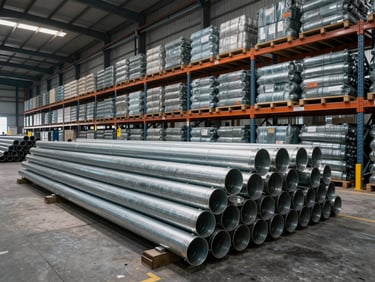 Wide-angle low-perspective shot of massive industrial warehouse racks filled with heavy-duty metal pipes and valves, neat stacks, dramatic cool warehouse daylight filtering through, emphasizing scale and organization.