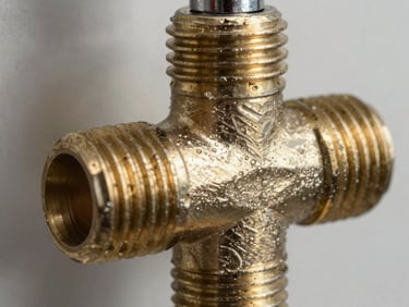 Macro close-up of a threaded solid brass shower mixer valve, emphasizing clean machining, heavy metal weight, and high-contrast industrial lighting