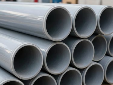 Macro shot of stacked large-diameter grey UPVC pipes in an Omani warehouse, cool daylight reflecting off clean plastic rims, high-contrast technical framing