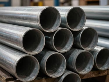 Macro shot of stacked large-diameter UPVC and GI pipes in a warehouse, dramatic industrial side lighting emphasizing thickness and circular profiles