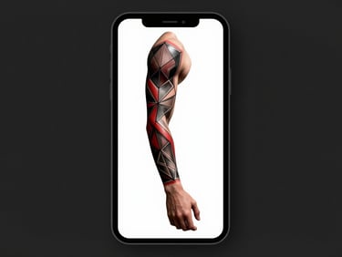 A clean UI mockup of an anatomical tattoo simulator on a smartphone screen, showing a geometric sleeve design mapped onto a 3D arm model, dark studio background