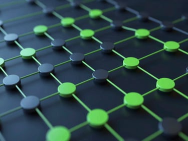 Abstract 3D rendering of complex workflow automation nodes connecting, neon-green accents, dark-mode technical photography, crisp high-contrast