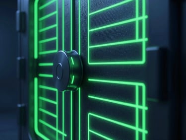 Abstract 3D rendering of a secure data vault with glowing green access lines, dark-mode technical photography, moody blue light