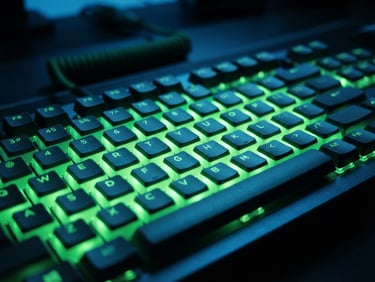 Close-up of a mechanical keyboard with glowing neon-green keycaps, shallow depth of field, moody blue ambient light, crisp high-contrast details, 35mm