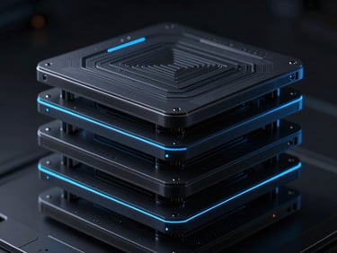 Abstract 3D rendering of a multi-layered software stack, crisp high-contrast details, dark-mode technical photography, shallow depth of field