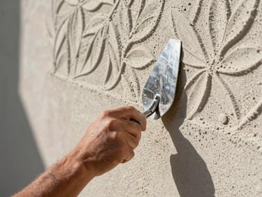 Tight close-up of a craftsman's hand holding a steel trowel, carefully matching a complex sand-float stucco texture on an exterior wall, bright midday Florida sun casting crisp shadows on the plaster.