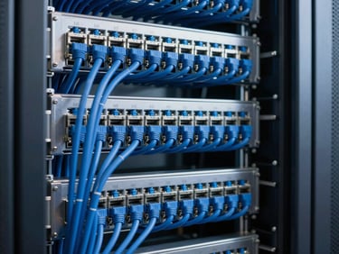 Clean, organized structured cabling in a server room, blue network cables neatly bundled, cool industrial lighting, high-contrast, 35mm lens