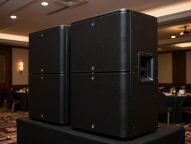 Professional sound engineer adjusting a sleek line-array speaker system at an elegant indoor corporate venue, low-key lighting, professional setup