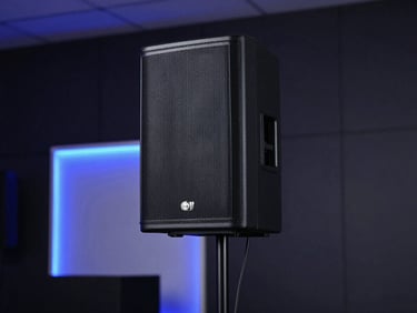 Sleek matte-black professional speaker on a minimalist stand, electric blue LED glow in the background, low-key lighting, modern event setup