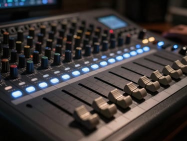 Close-up of a digital mixing board faders, motorized sliders aligned, glowing LED level meters in electric blue, dark studio environment.