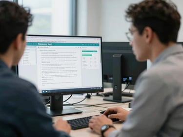 Two IT professionals reviewing recovery test results on a monitor in a conference room under office daylight, screens showing data integrity reports