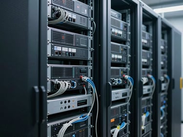 Wide environmental shot of a server room with mounted rack units and structured cabling under cool white lighting, medium depth of field