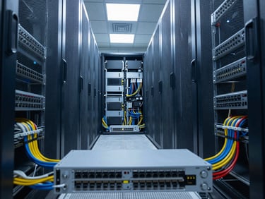 Wide environmental shot of a server room corridor, racks of networking hardware under cool blue-white overhead lighting, cables organized precisely in trays, shot from mid-aisle looking straight ahead, sharp focus on patch panels in foreground