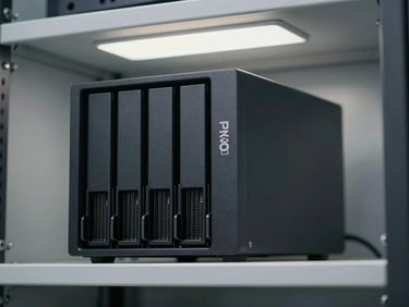 Close-up of a QNAP NAS unit on a server shelf under accurate office fluorescent lighting, front panel drive bays clearly visible, clean background