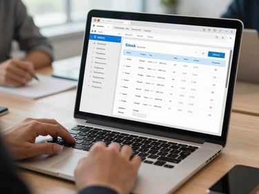 Close-up of an Odoo inventory module on a laptop screen during a team review session, real module UI showing stock levels and purchase orders, two hands visible near the trackpad, conference table surface, accurate office fluorescent and daylight mix, shallow depth of field on the screen