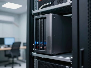Medium shot of a QNAP NAS unit and server rack in a tidy server room adjacent to a Kenyan office, equipment LEDs visible, cable management neat, cool white overhead lighting, no people, focus on hardware infrastructure