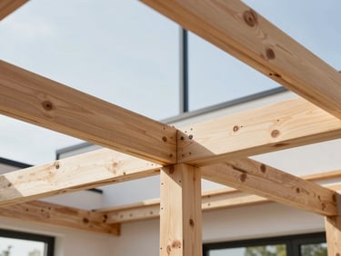 Clean structural repair phase, reinforced joists and beams in a modern home, professional engineering