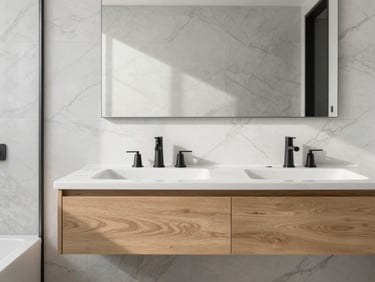 Minimalist spa-like bathroom, custom marble tiling, floating oak vanity, matte black fixtures, soft natural light