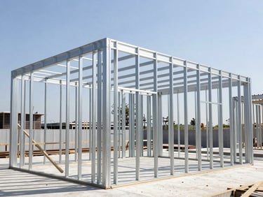 Modern residential structural steel framing during clean construction phase, bright daylight, architectural precision