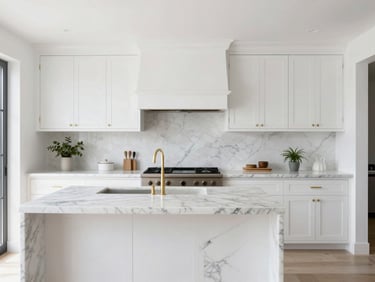 High-end modern kitchen with custom white oak cabinetry, bookmatched marble island, minimalist brass fixtures, bright daylight