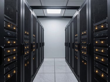 Symmetrical wide shot of a modern enterprise server room, sleek black racks with warm gold status indicator lights, clean architectural perspective