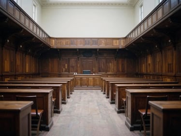 Symmetric interior of an empty historic university senate hall with dark wood paneling, soft diffused lighting.