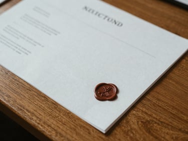 Close-up detail of an official academic registry document with a wax seal on a heavy oak desk, soft diffused indoor lighting.