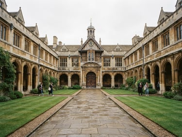 Symmetrical wide angle architectural shot of a historic European university courtyard under soft overcast daylight, stone arches, muted scholarly tones